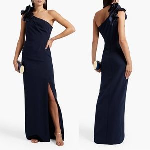 Marchesa Notte Dark Navy Blue One Shoulder Long Gown with Slit and Ruffle